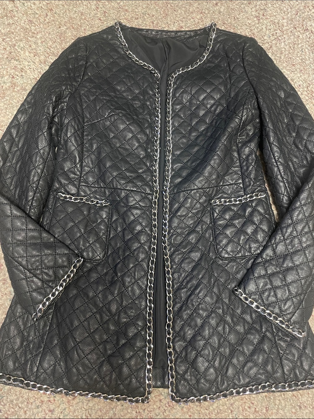 100% lambskin leather Quilted Black Chain-Trim Women's Jacket- stunning